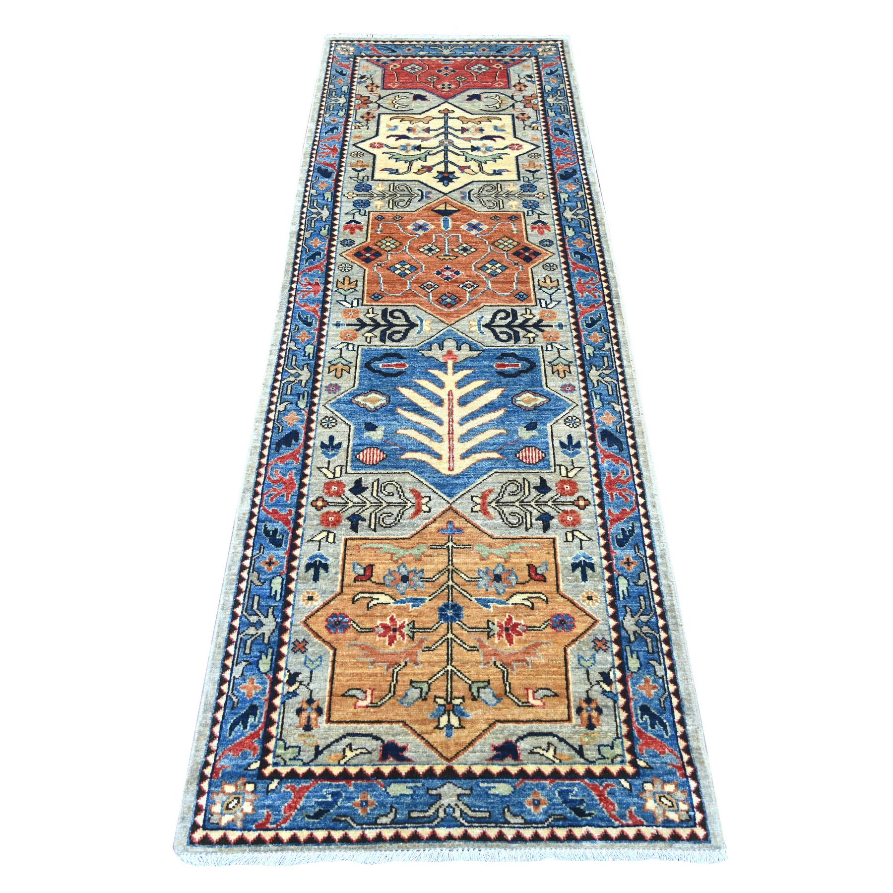 2'7"x8' Spanish Gray, Aryana Grade, Afghan Peshawar with Caucasian Akstafa Design, Hand Knotted, High Mountain Wool, Runner, Oriental Rug 
